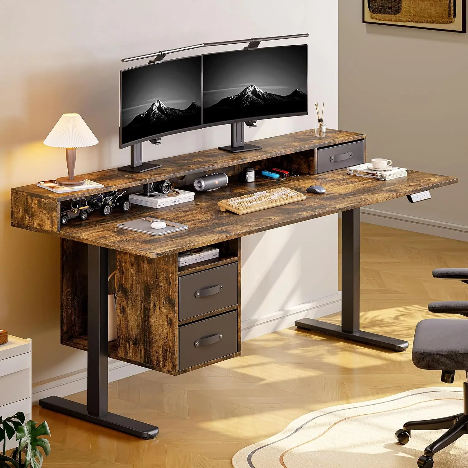 Electric Standing Desk with Drawers, 55x24 Inch Adjustable Height Desk with File Storage & Open Shelf for Home Office Workstatio
