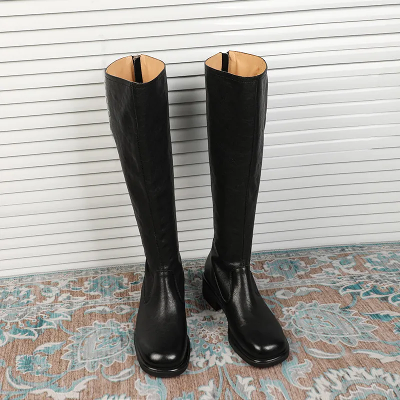 Handcrafted Women Shoes Horsehide Modern Boots Knee-High Riding Boots Back Zipper Mid-Heel Sexy Long Boots