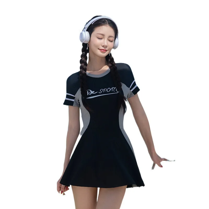 여성용 크루넥 원피스 구김 수영 스커트, 배 제어 레트로 수영복, 반팔 비치웨어, 래쉬가드, 등 지퍼