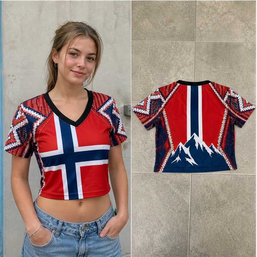 Womens V Neck Cropped Tee Norway Flag Printed Short Sleeve Summer Casual Top With Mountain Back Design Nordic Style Travel Shirt