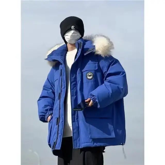 

Winter New Klein Blue Cotton Jaet Men's Couple Workwear Parka Sle Coat Large Fur Collar Casual Loose Fit Youth Trend