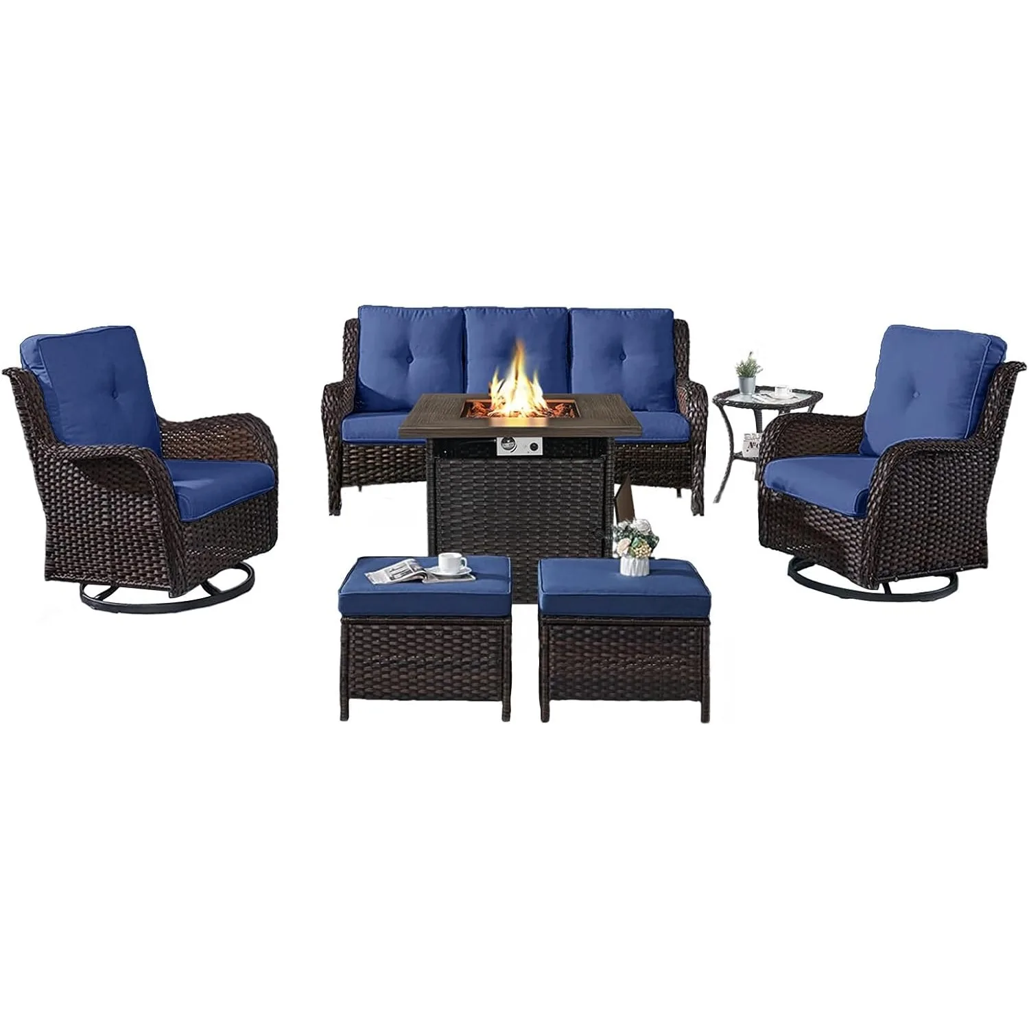 

Patio Furniture Set w/Propane Fire Pit Table,7 Pieces Wicker Patio Set w/ 2 Swivel Glider Rocker Chairs Rattan Sofa Blue Cushion