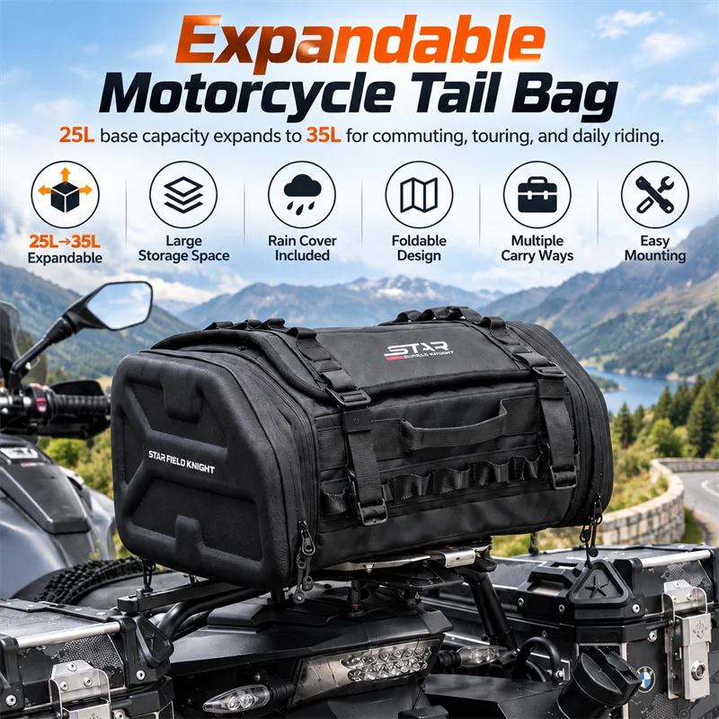 SFK Motorcycle Rear Seat Bag 25L-35L Scalable Foldable Storage Pack Multifunctional Crossbody Bag Outdoor Riding Gears Package