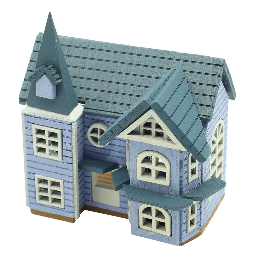 Wooden 1/24 Scale Dollhouse Miniatures DIY House Kit Accessory -Blue Cottage