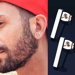 WKOUD 1Pair Trendy Minimalist Stud Earrings Men Stainless Steel Silver/Gold Colors Bar 6/8/10/12/14mm Men Fashion Jewelry