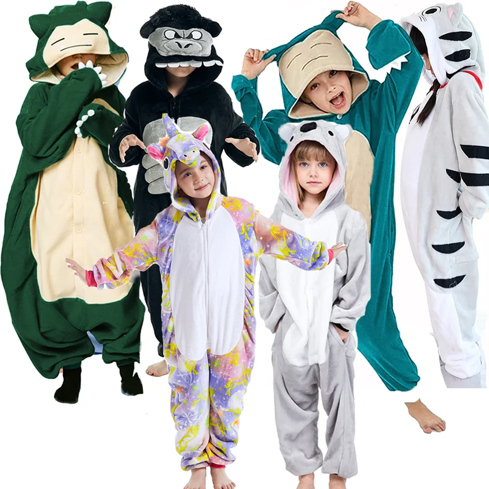 Kids Kigurumi Pajamas Fleece Children Overalls Baby Animal Full Body Onesie One-Piece Sleepwear Girls Halloween Cosplay Costume