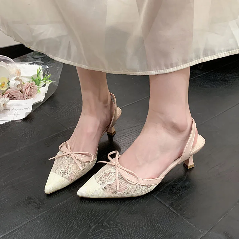

2026 Summer Butterfly Knot Lace Elegant Style Mesh Breathable Pointed Toe High Heel Shoes Fashion Flip-Flops Casual Single Shoes