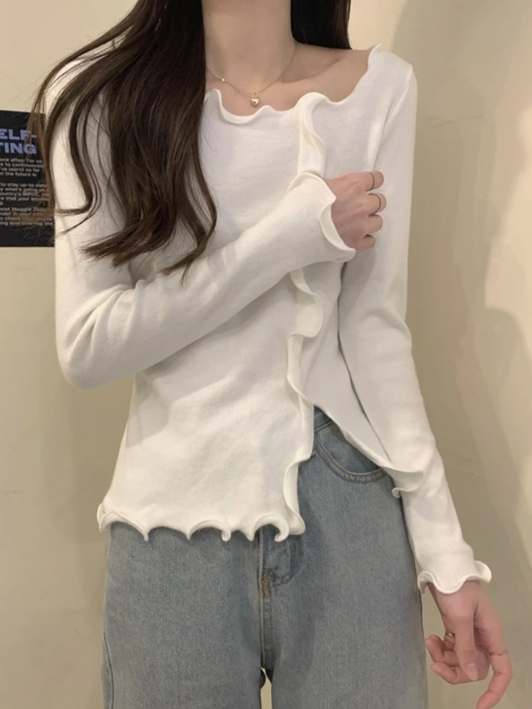Women Pullover 2026 Autumn Winter Sweater Ruffled Knit Top Unique Design Slim Fitted Spicy Girl Sweater Stylish Inner Jumper