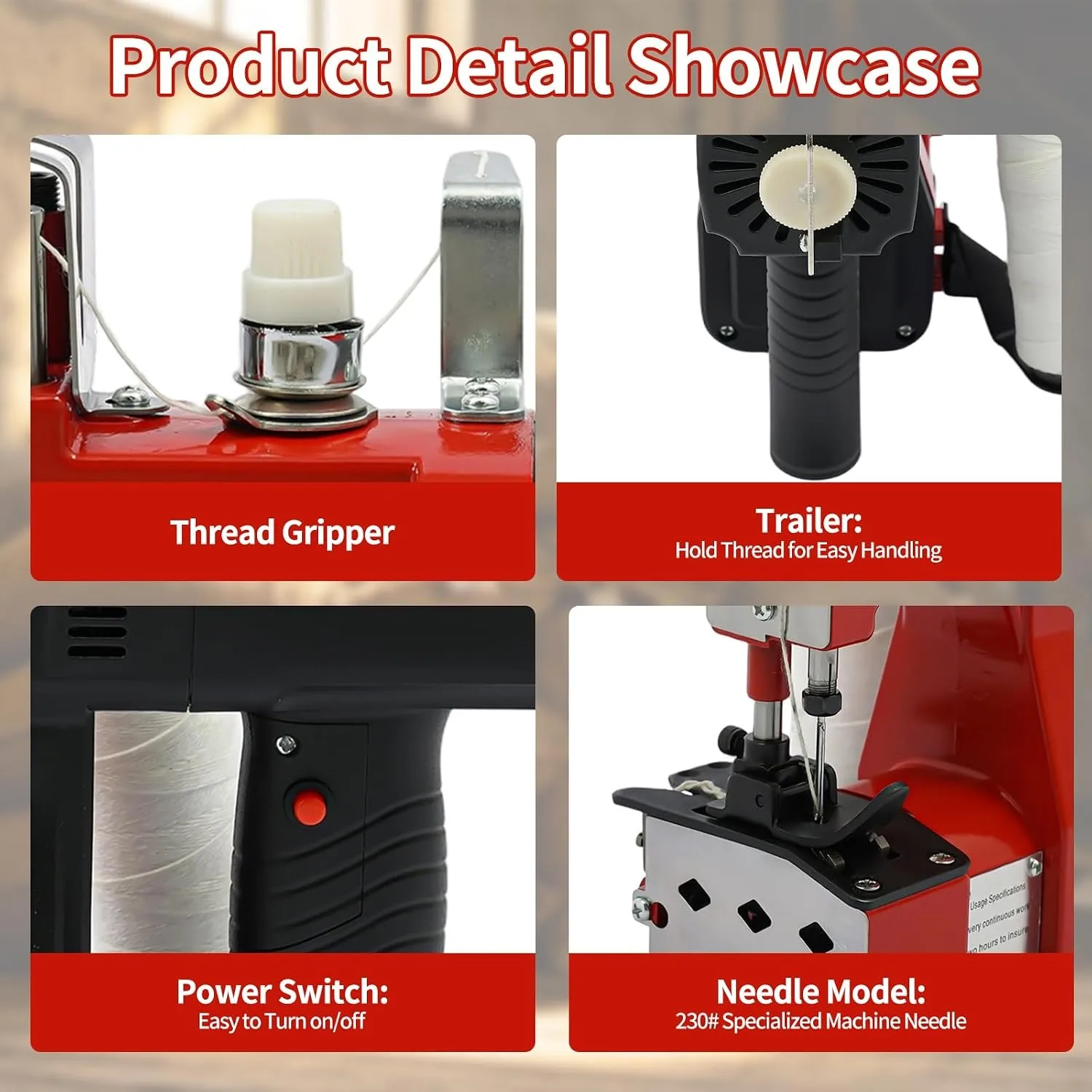 Leather Heavy Duty Sewing Machine Industrial Canvas Stitching Closer 110V ﻿ | 2,600 Stitch 10mm Max Thickness 190W 18000rpm w/2 Thread Spools 3 Blades, Red For Logistics Factory Sealing Sack Woven Bag view 5