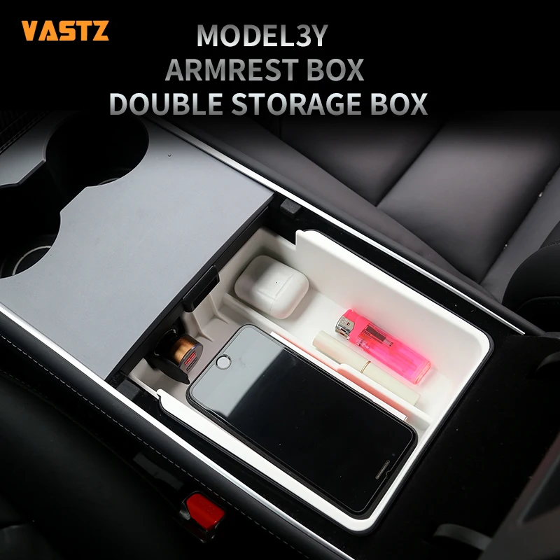 VASTZ Center Console Double Organizer Tray Armrest Hidden Cubby Drawer Coin Storage Box Black White Grey for Tesla Model 3/Y