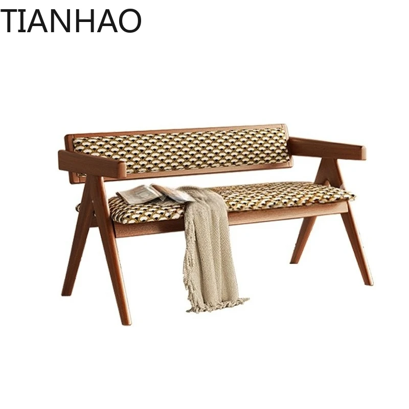 solid wood bench designer home soft bag backrest bench wood living room shoe