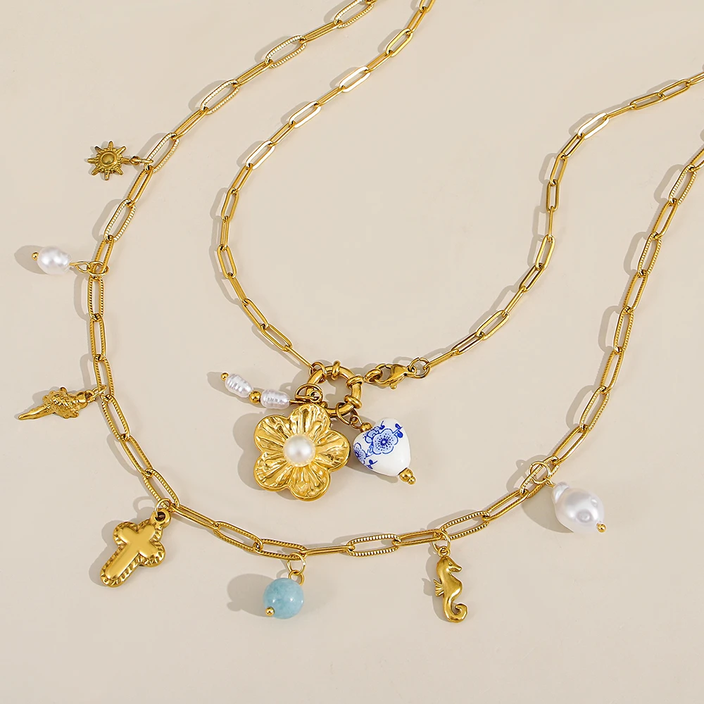 

DODOHAO Ocean Series Stainless Steel Choker Imitation Pearl Conch Cross Pendant Necklace for Women Summer Beach Jewelry Gift