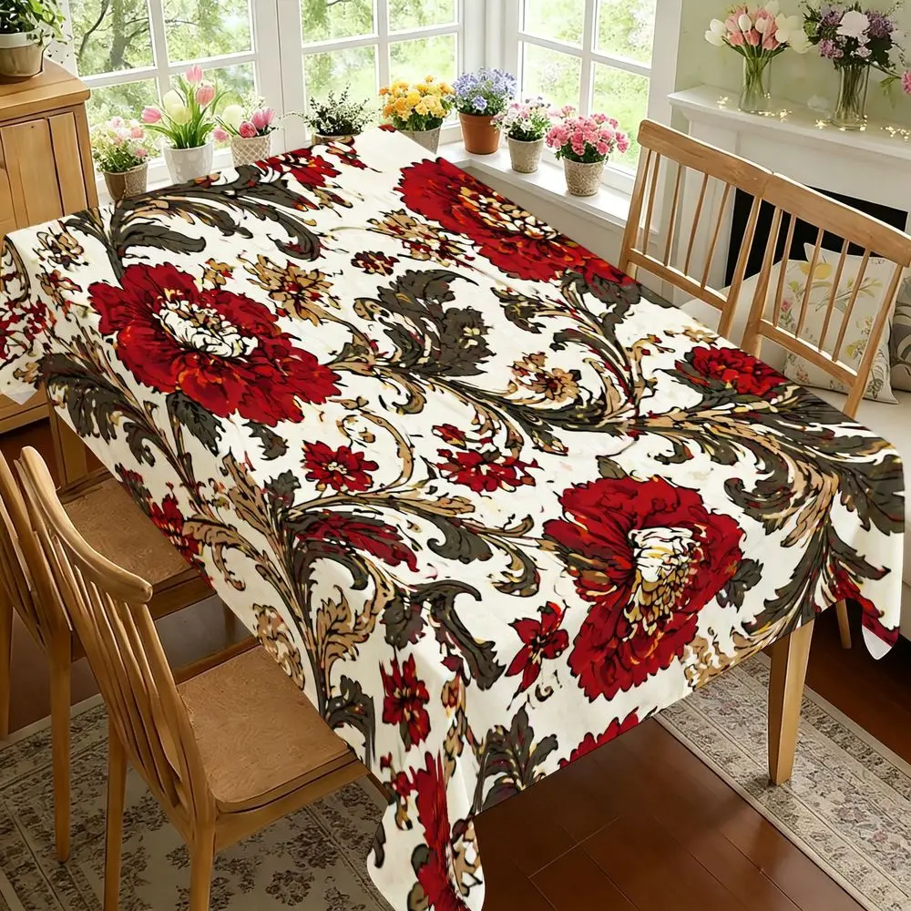 Elegant Floral Pattern Tablecloth - Bold Red Flowers with Green Leaves And Golden Vines, Durable Fabric, Rectangular, Suitable for Dining Room, Farmhouse Decor, Wedding, Holiday Party, Kitchen Table Cover, Soft Natural Light Aesthetic, Easy