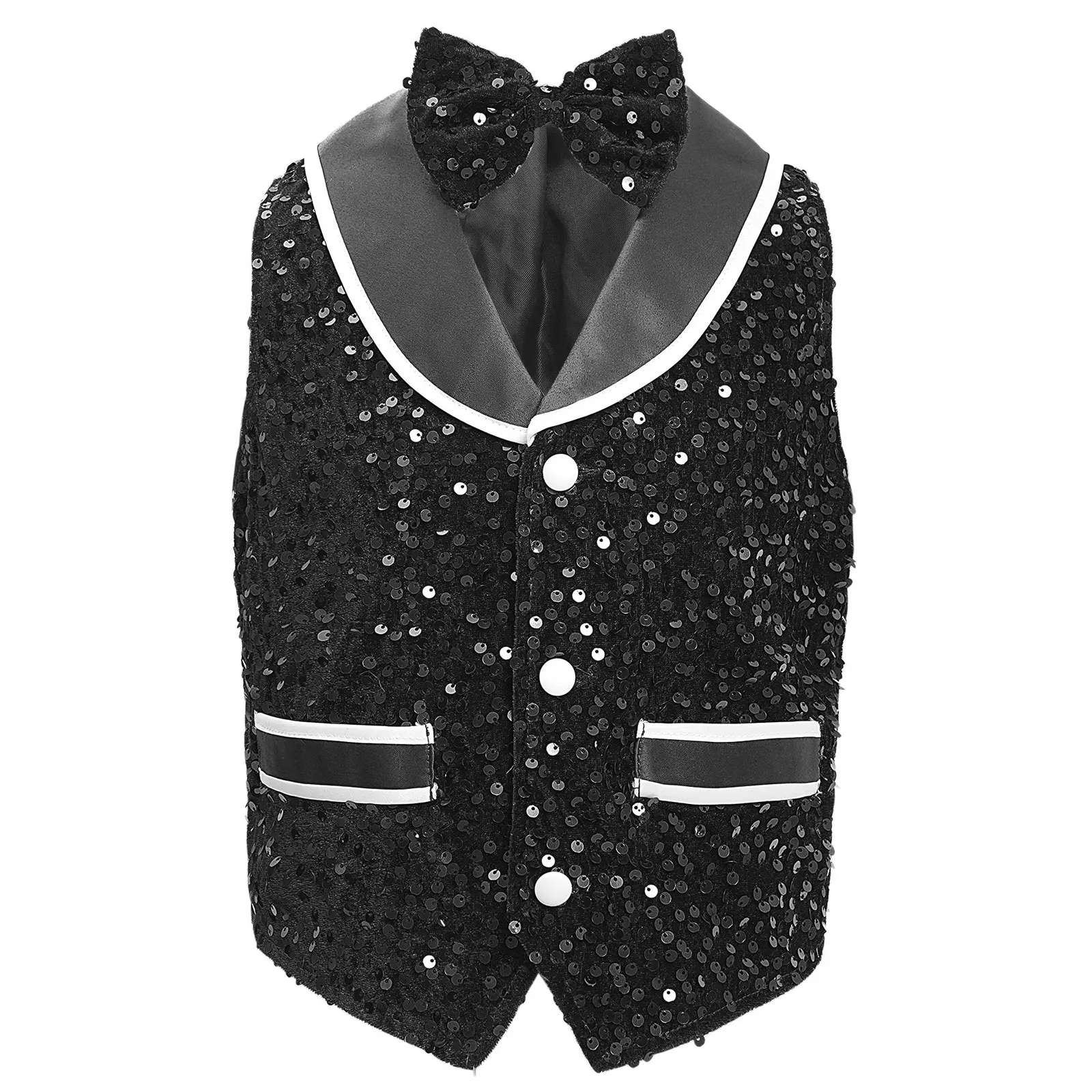 

Kids Boys Girls Gentleman Blazer Vest Sparkling Sequins Velvet Buttons Irregular Hem Waistcoat+Bowtie Jazz Tango Dance Tops
