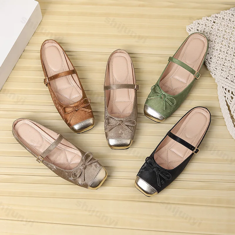 Flat bottomed color blocked bow design half slippers for women spring 2025 new elegant Mary Jane elegant casual cool slippers