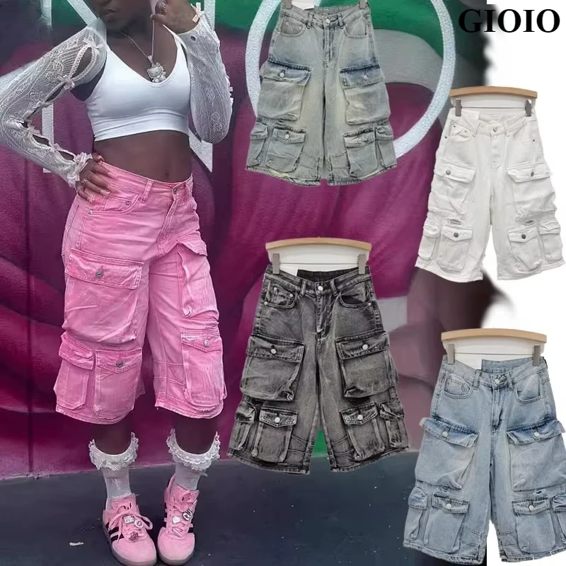 GIOIO 2024 Y2k Streetwear Shorts for Women Vintage Washed Jeans Denim Women Cargo Three-quarter pants