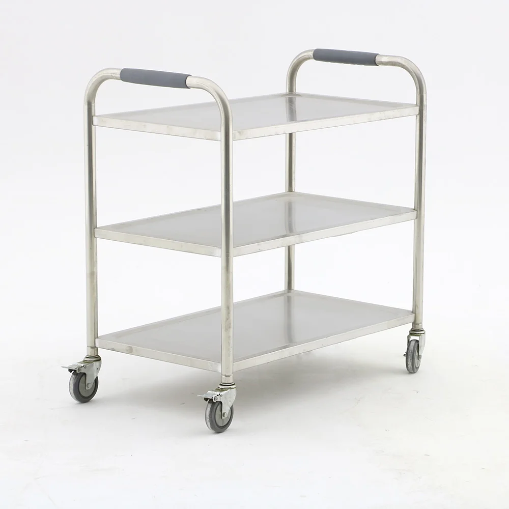 Large Size Square Tube Stainless Steel Catering 3 Tiers Trolley Food Hotel Trolley Restaurant Service Trolley With 4 Wheels