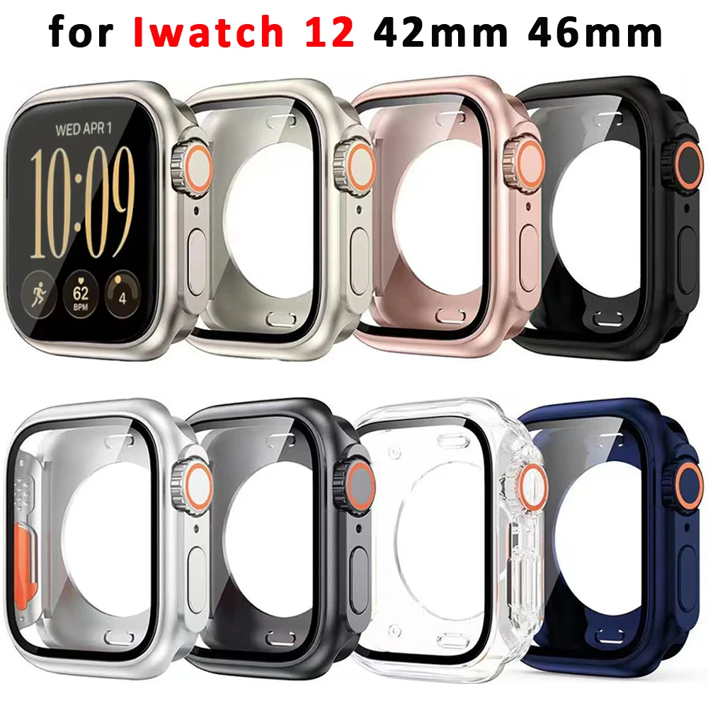 PC Glass+Case for Apple Watch Series 12 42mm 46mm Screen Protector Cover for iwatch 11 10 42mm 46mm Bumper Change To Ultra