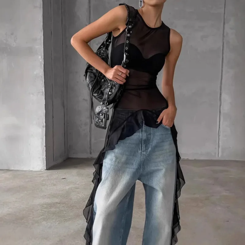 شبكة انظر من خلال تي شيرت بلا أكمام غاسل لصق أعلى سليم صالح بلون مثير عارضة حزب الشاطئ الأزياء بلوزة للنساء