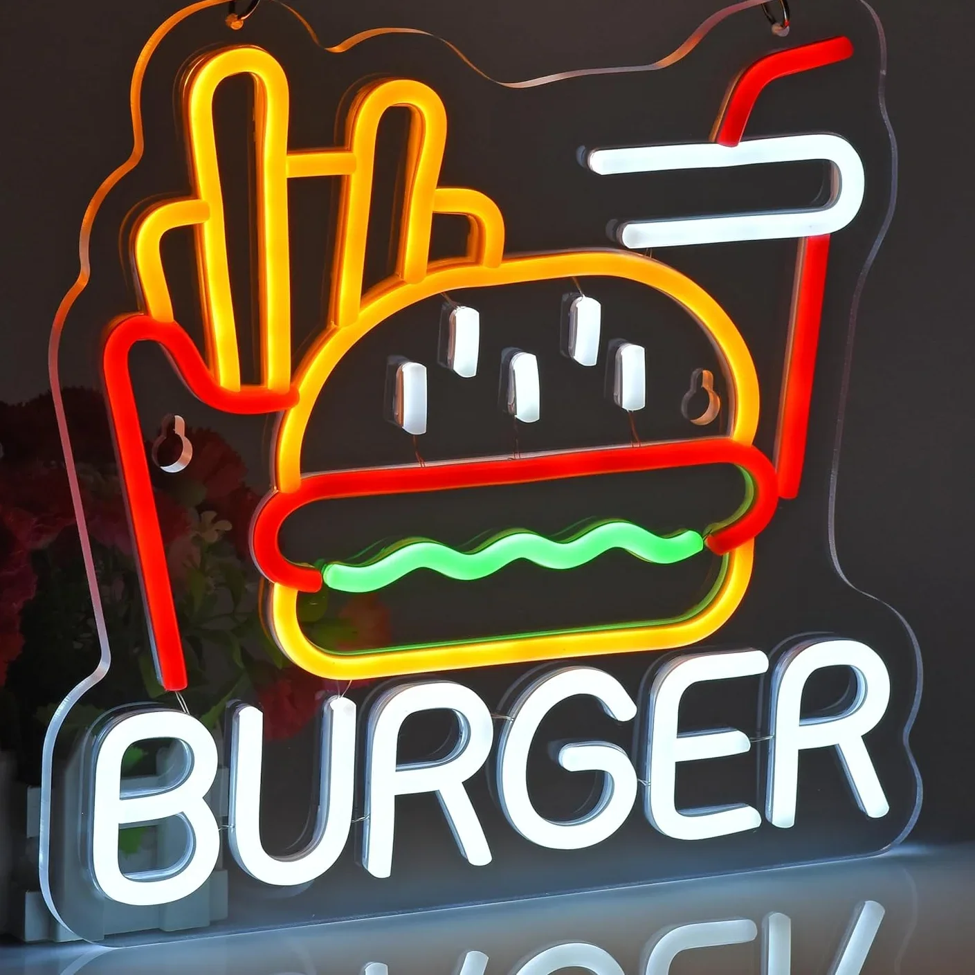 Burger Fries Neon Sign For Wall Decor Art Hamburger LED Neon Light Fast Food Business Sign For Home Restaurant Man Cave Decor