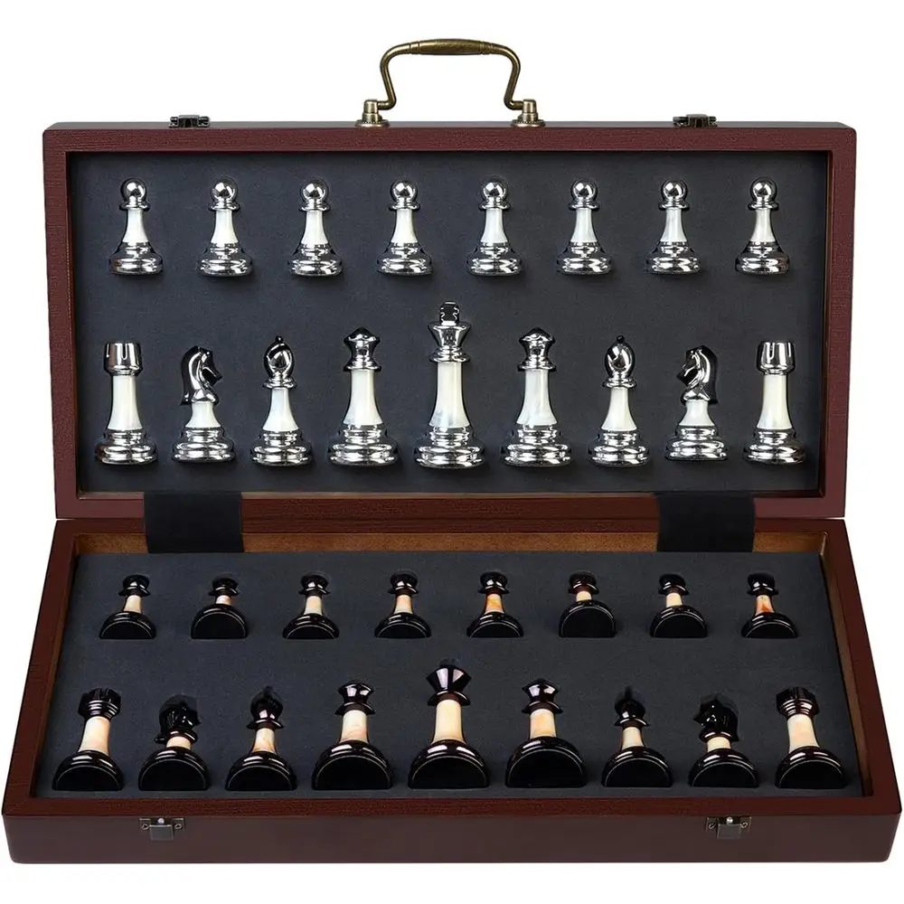 16.5 Folding Wooden Chess Set with 3.5 Acrylic Pieces, Storage and Handle for All Skill Levels
