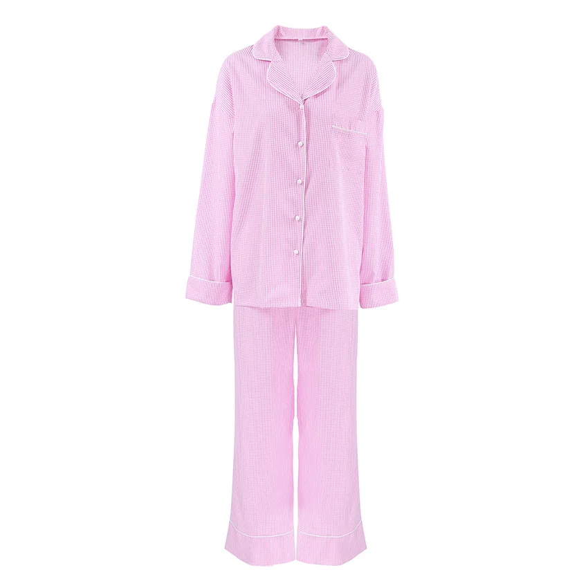 2025 Spring New Pink Plaid Pajamas Two-piece Set Loose Long Sleeve Pants Ladies Home Clothes Sleepwear Women