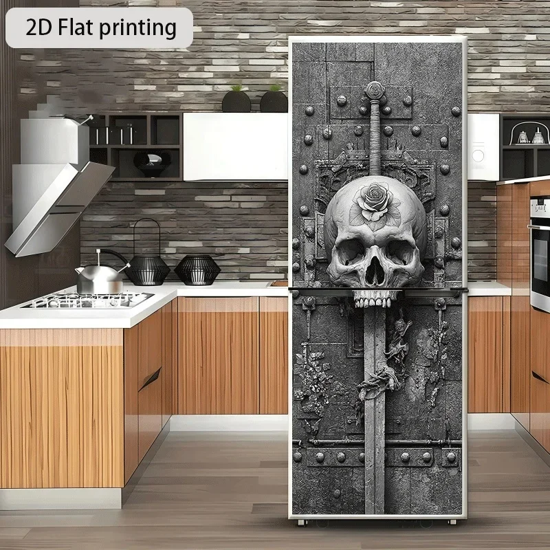 [2D Flat Printing] 1pc Refrigerator Sticker 60×180 Cm Sword Skull Gate Rose (Incorrect, Redo) Sword Piercing Skull Rose (Adjus