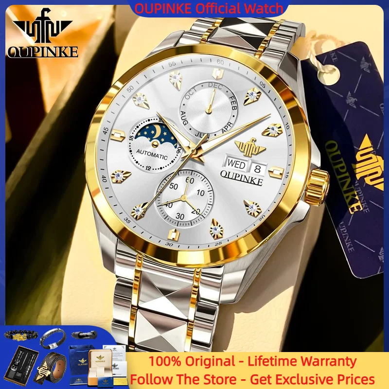 

OUPINKE 3298 Multi-function Watch Men TOP Brand Calendar Diamond Dial Sapphire Mirror Fully Automatic Mechanical Watch High-end