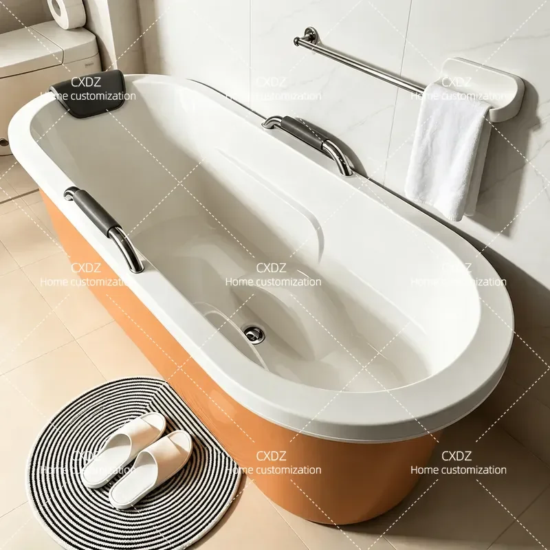 1.7m Orange Oval Acrylic Bathtub with Non-slip Armrests and Constant Temperature Function for Household Adult Use