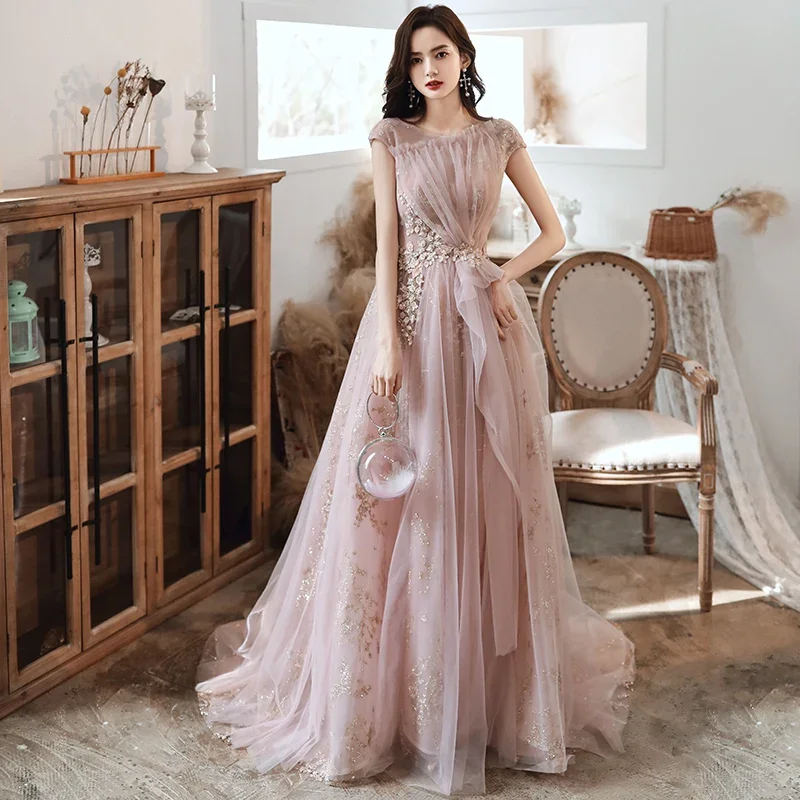 Evening Dresses Pink Golden Glitters Illusion Pleat O-neck Short Sleeves A-line Floor-length Plus size Women Party Formal Gowns