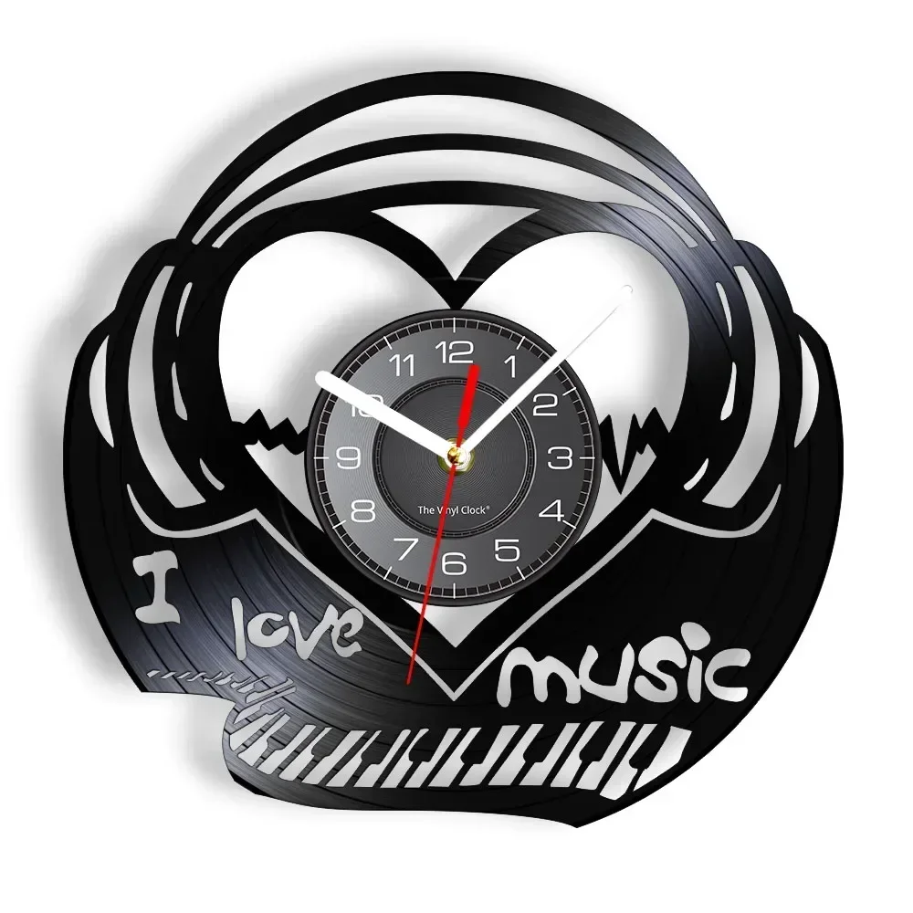 I Love Music Piano Keyboard Wall Clock Music Heartbeat Vinyl Record Wall Clock Sound Wave Music Song Heartbeat Voice Retro Clock