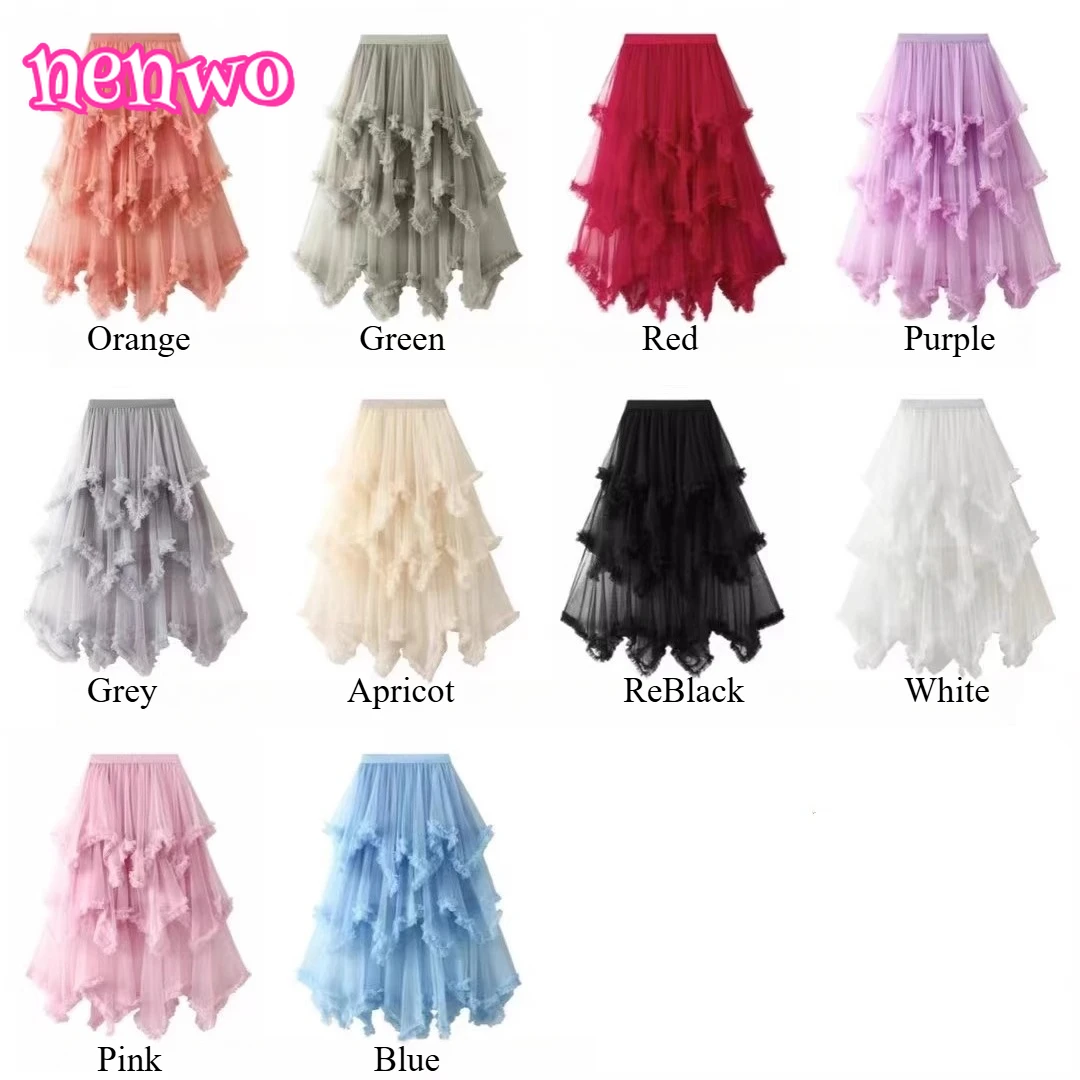 

Sweet High-Waisted Slim Asymmetrical Ruffled Mesh Cake Skirt Mid-Length Flowy Multi-Layer Fluffy Tulle Skirt for Daily Dates