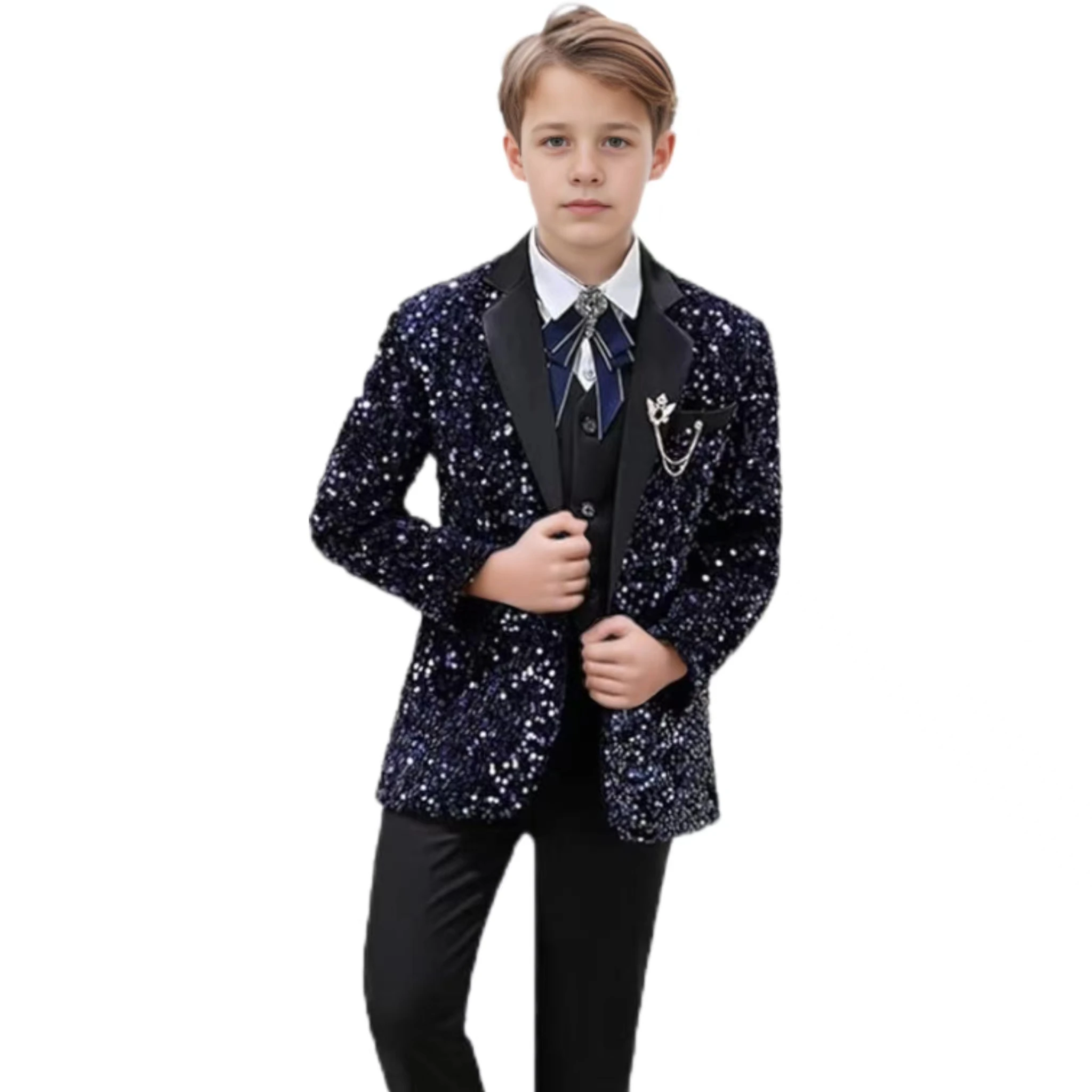 Shiny Sequin Suit Blazer Vest And Pants 3 Pieces Elegant Tuxedos Luxury Stylish Party Stage Performance Costumes For 3-16 Years