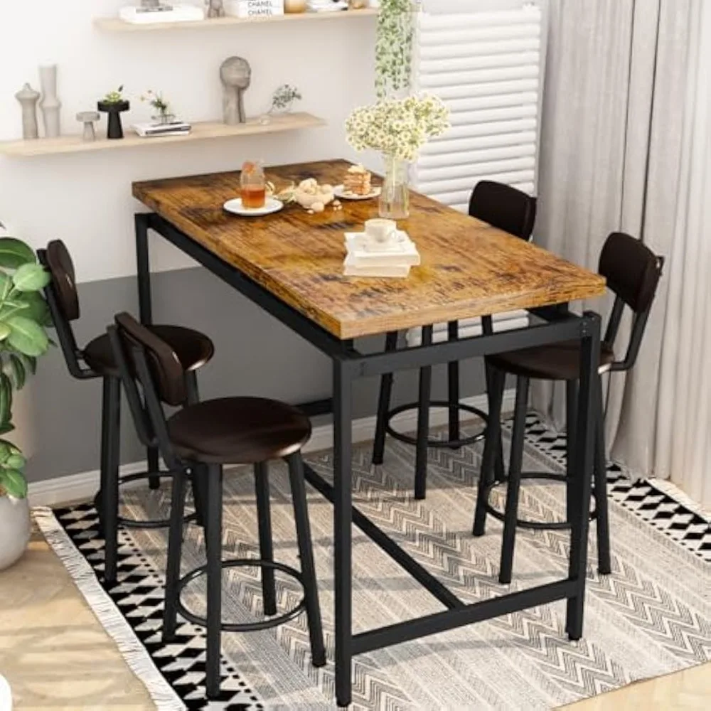 Dining Table Set for 4 Bar Kitchen Table and Chairs for 4, Counter Height Dinner Table with 4 PU Leather Upholstered Backrest