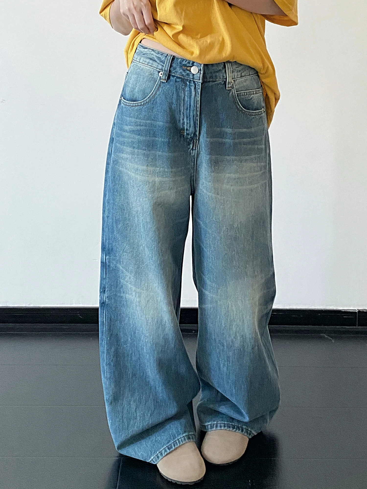 

Sunyeo Mid-Waist Wide-Leg Jeans Women's Casual Straight Leg Long Pants Spring Summer Design Sense Loose Fit Jeans