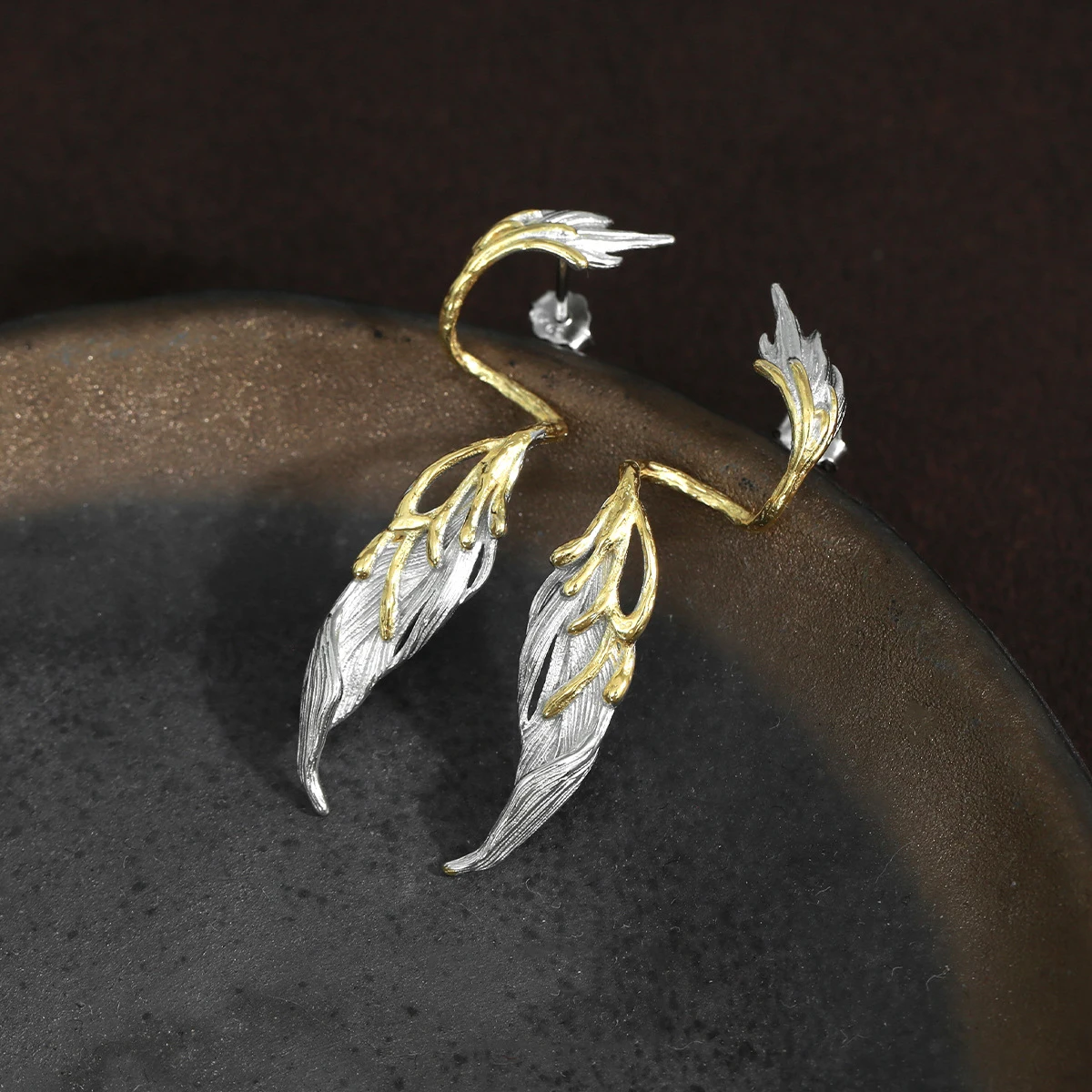 F.I.N.S Original Wing Long S925 Sterling Silver Stud Earrings Color Separation Curved Retro Old Piercing Ear Fine Jewelry Gifts