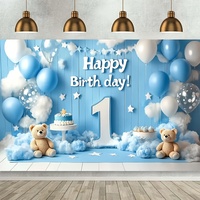 One year birthday party banner - cute teddy bear theme with balloons and stars, indoor and outdoor photo backgrounds