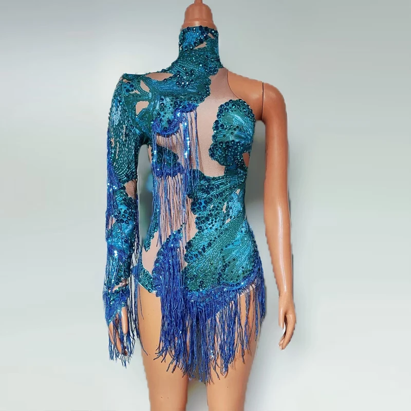 セクシーなポールダンス衣装女性ゴーゴーダンサー衣装片袖ラインストーンフリンジボディスーツハロウィンステージパーティードレス XS9994