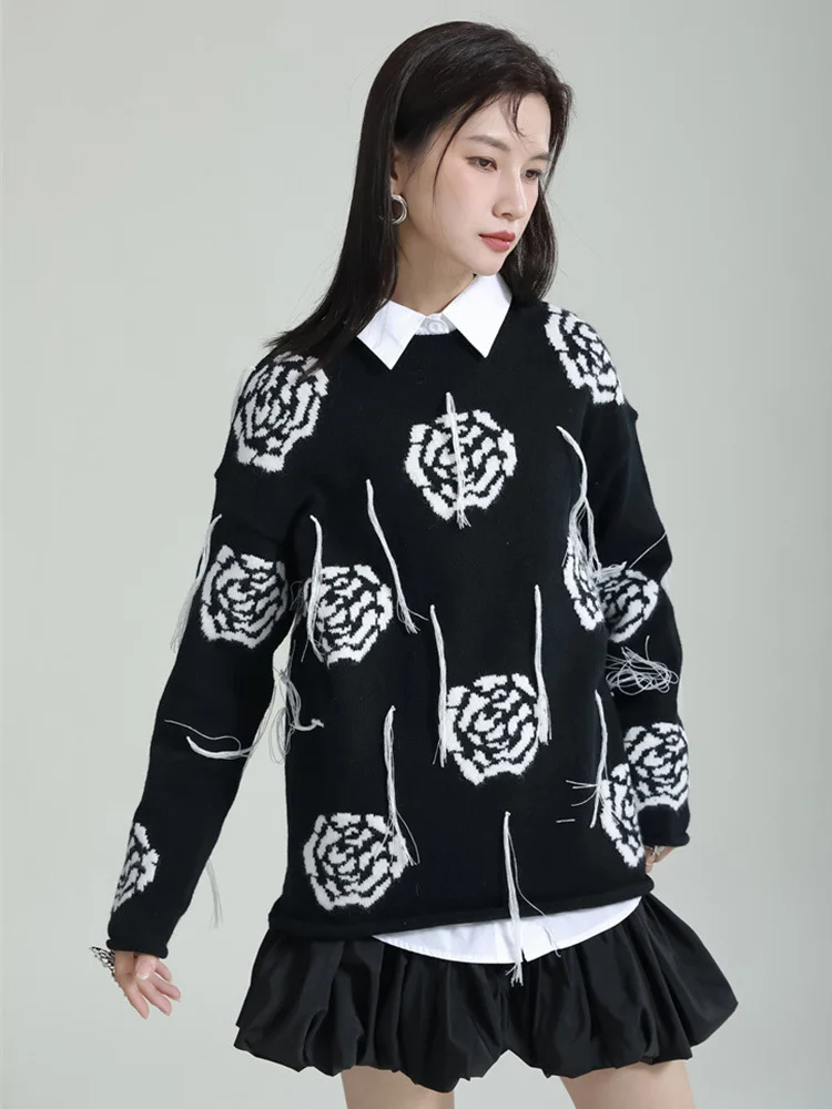 [EAM] Wihte Flower Big Size Knitting Sweater Round Neck Long Sleeve Women Pullovers New Fashion Tide Spring Autumn 2024 1DF5110