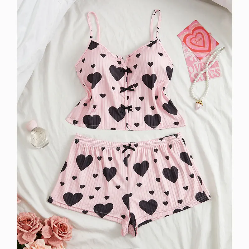 New Pink Strappy Pajama Set With Bow-Accented Heart-Print Tank Top And Shorts Summer Pajamas For Woman Homewear Sexy Casual Wear view 6
