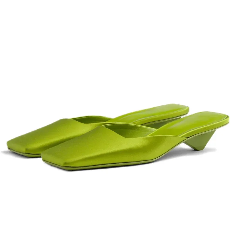 

French Style Square-Toe Shallow Satin Sandals Triangle-Heeled Closed-Toe Slippers Fashionable Simple Retro Women Shoes Sandalias