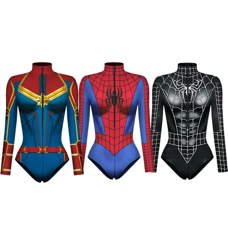 Bodysuit homem-aranha para homens e mulheres, macacão capitão super-herói, impressão 3D, maiô manga longa, carnaval de Halloween