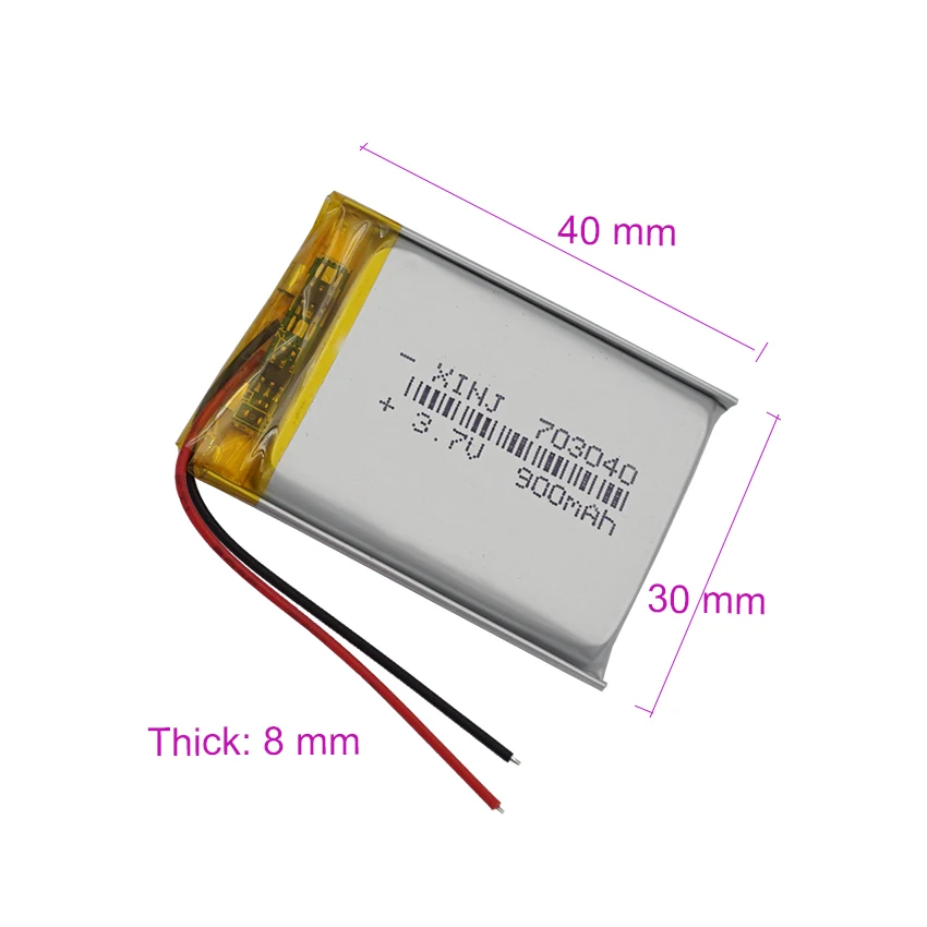 3.7V 900mAh 3.33Wh Li-Polymer Replacement Li Lipo Battery 703040 JST 2Pin 1.0/1.25/1.5/2.0/2.54mm Connector For GPS Camera LED