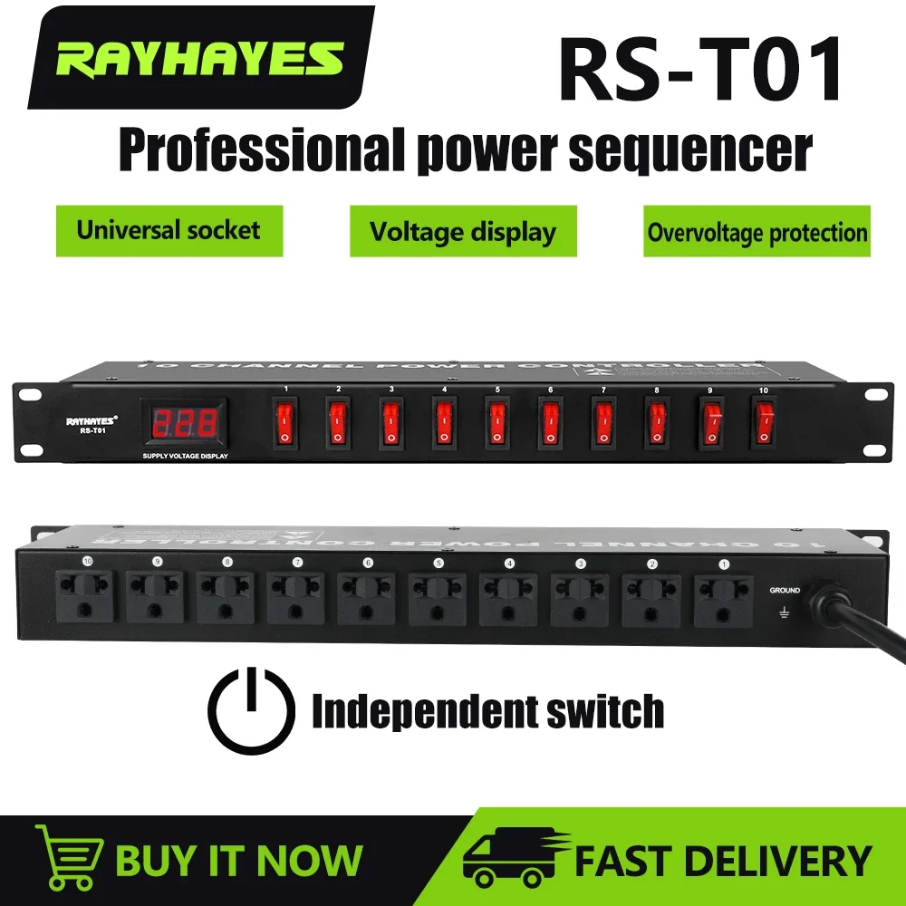 

RAYHAYES RS-T01 Professional Audio Power Sequencer Switch 10 Channel Power Controller Stage Conference Audio Sequence Controller