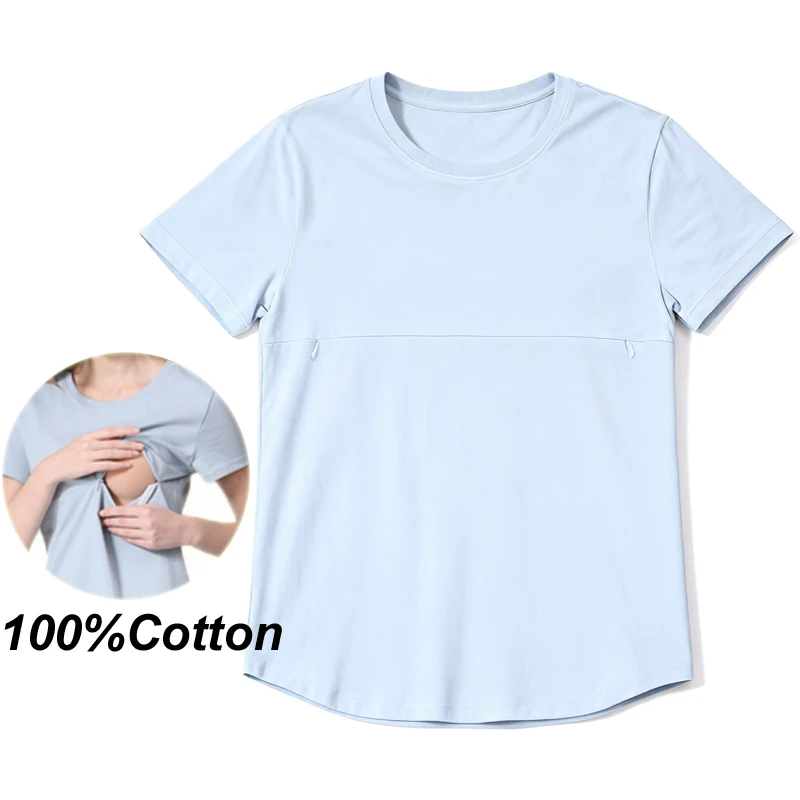 Summer Maternity T-Shirt plus Size Casual Breastfeeding Tees Cotton Nursing Top with Horizontal Zipper for Postpartum Women