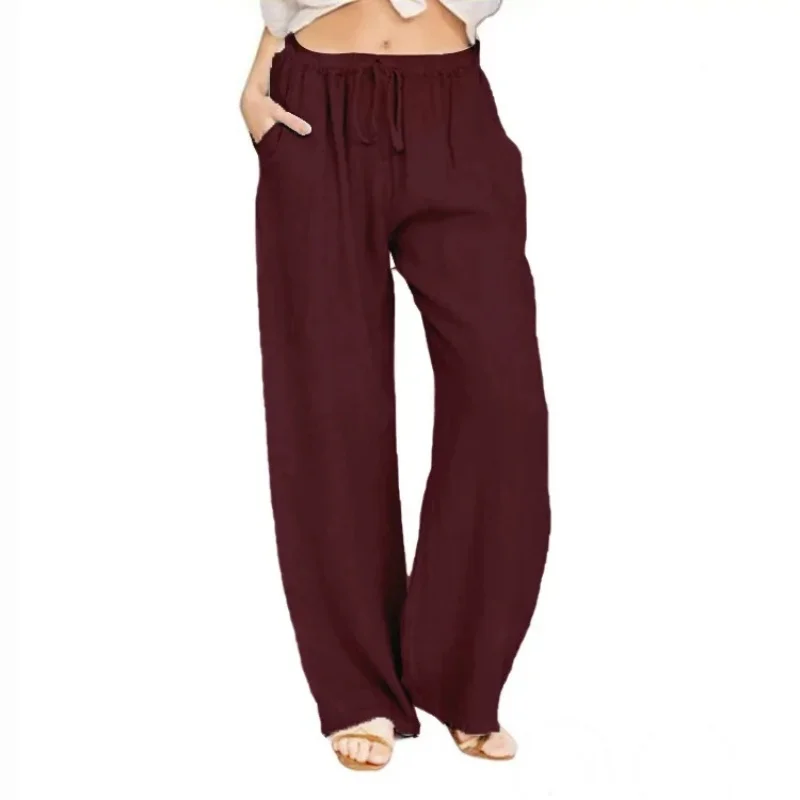 Women's Fashion Summer Wide Leg Pants Solid Color Cotton and Hemp Pants Elastic Waist Loose Casual Pants Minimalist Dressing
