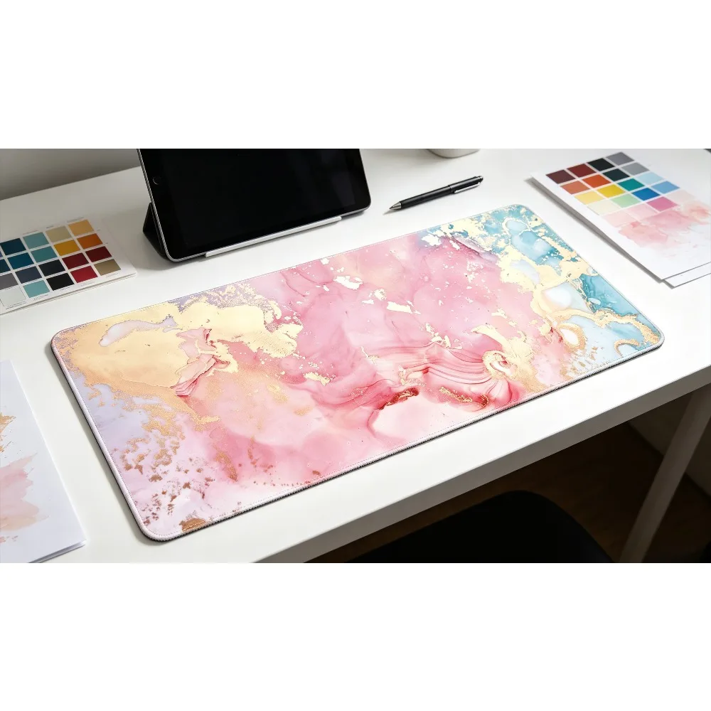 Large Gaming Mouse PadPink Gold Foil Marble Extended Desk Mat Non‑Slip Rubber Playmat with Stitched Edges Home Office CP GameMat