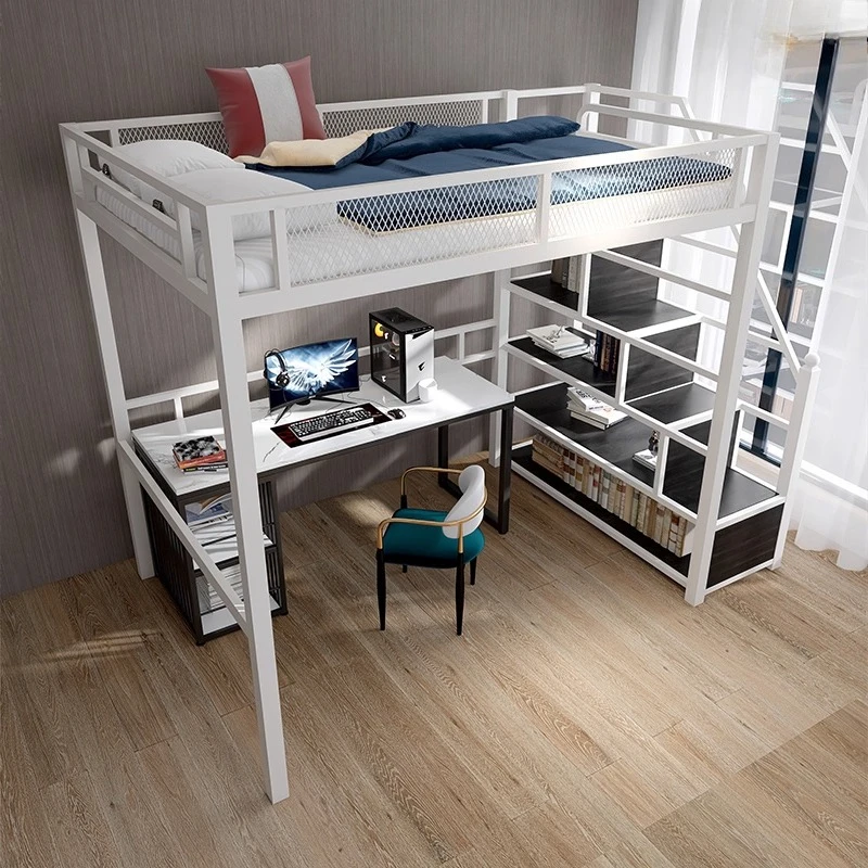 Loft bed, wrought iron bed, simple modern raised , space-saving upper , lower table, small apartment multifunctional child