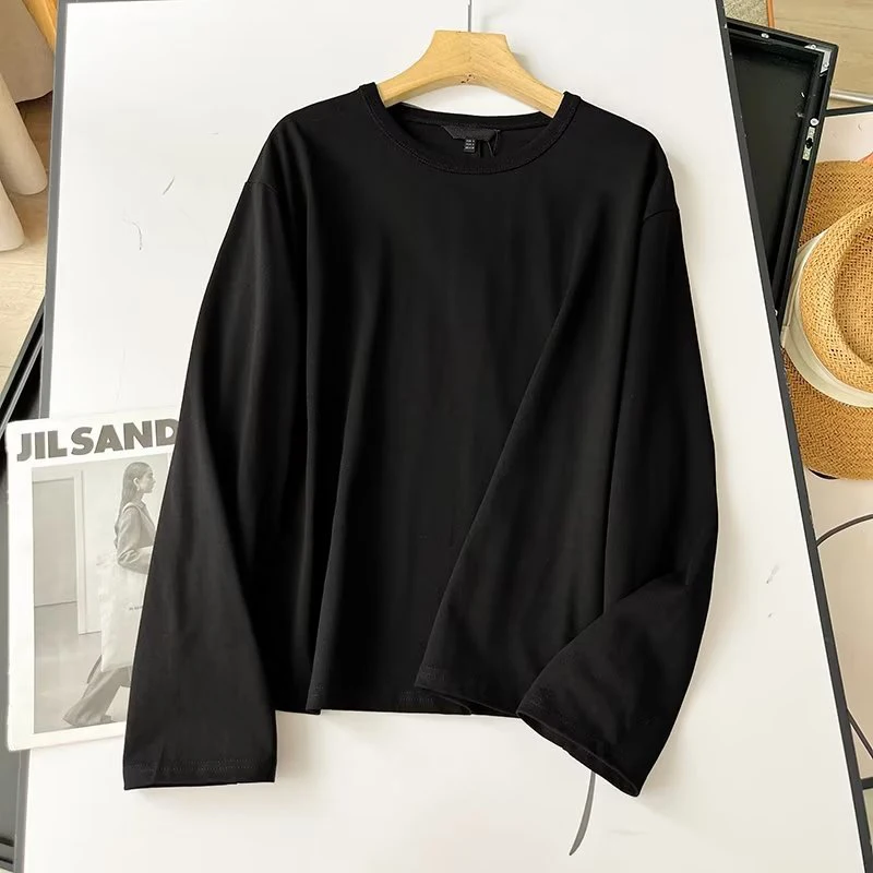 Autumn Women Long Sleeve O Neck Solid Casual Loose T Shirt Cotton Tees