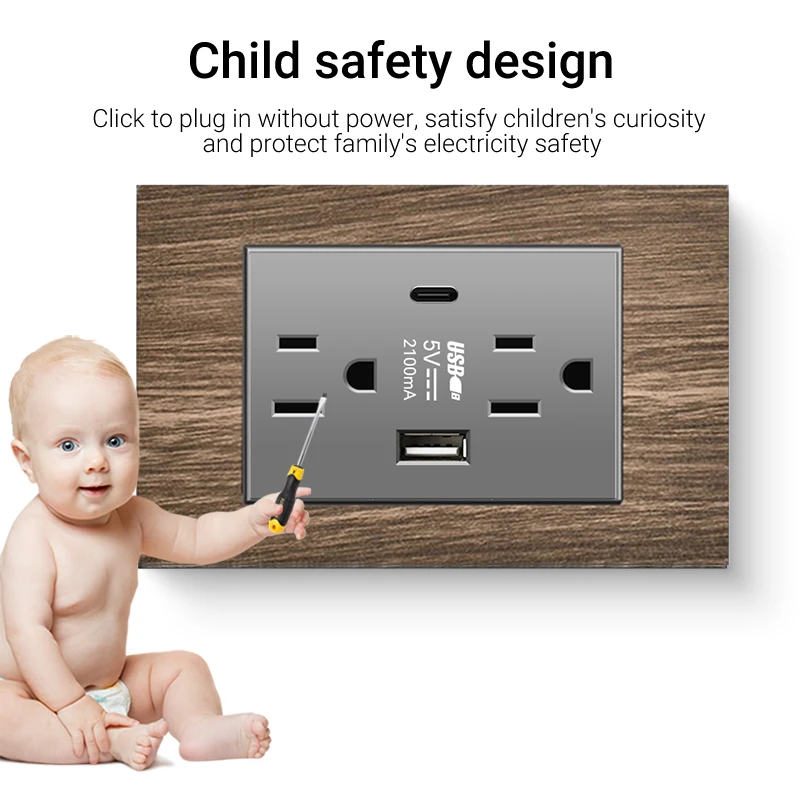 엘레간트 그레이 레트로 우드 그레인 벽 스위치 20W 고속 타입-C 벽 전원 콘센트 플러그 미국 멕시코 전기 소켓 USB 포함